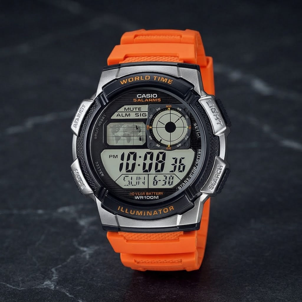 Reloj Casio AE-1000W-4BV Digital Naranja Hora Mundial 100M – Caballero