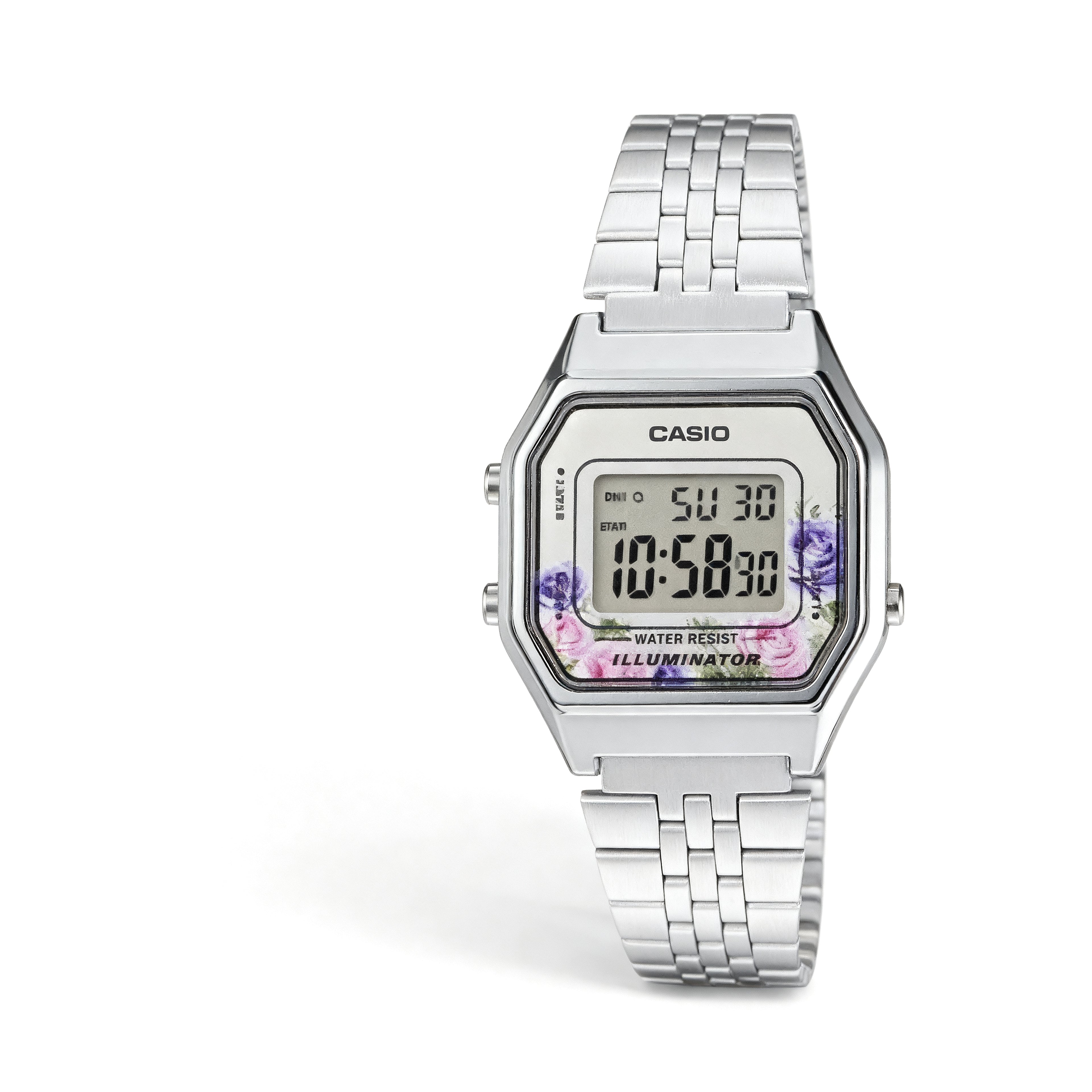 Reloj Casio Vintage LA680WA-4C Digital Plateado Floral – Dama / Unisex