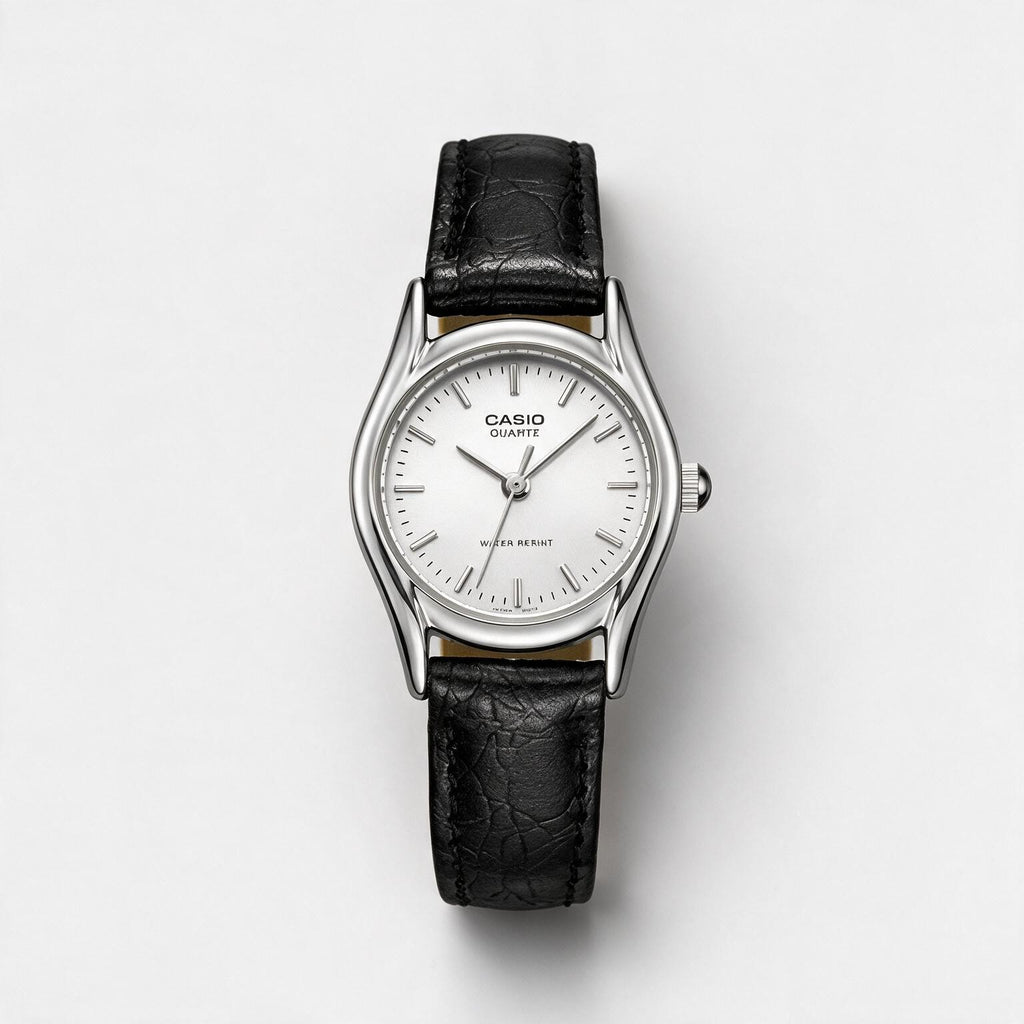 Reloj Casio LTP-1094E-7A Analógico Plateado con Correa de Cuero Negro – Dama