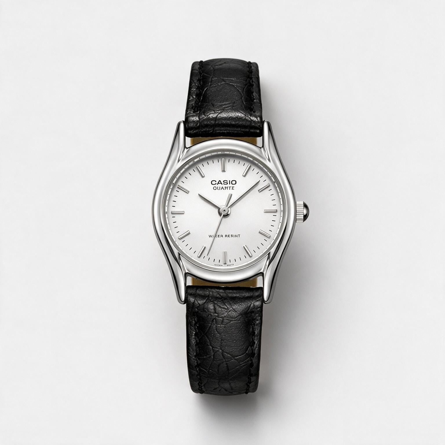 Reloj Casio LTP-1094E-7A Analógico Plateado con Correa de Cuero Negro – Dama