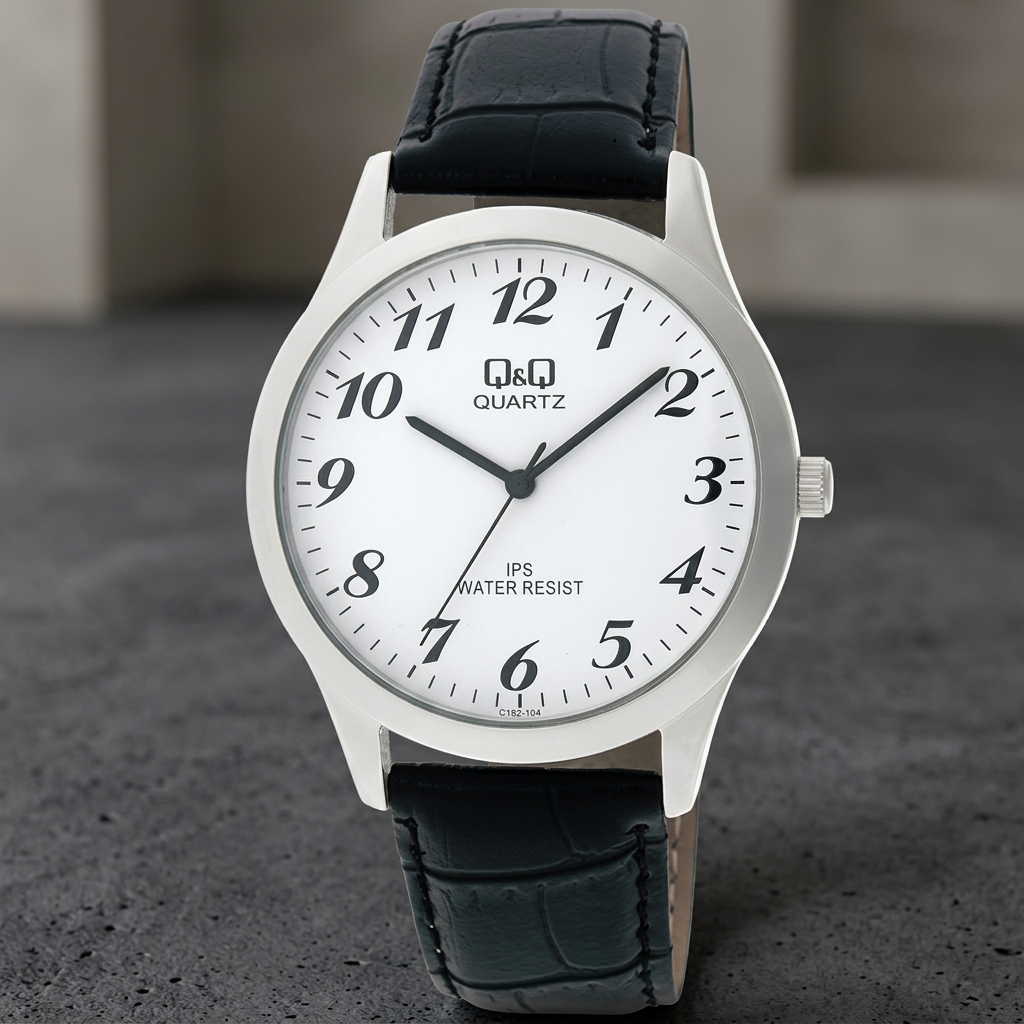 Reloj Q&Q C152J304Y Analógico Plateado Esfera Blanca Correa Negra 3BAR – Caballero