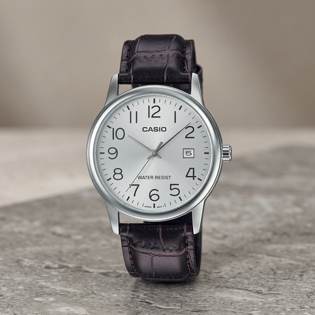 Reloj Casio MTP-V002L-7B2 Analógico Plateado con Correa de Cuero Marrón – Caballero