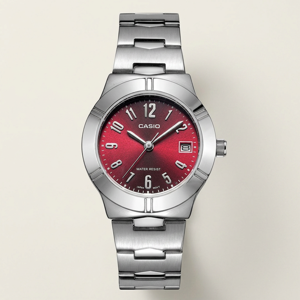 Reloj Casio LTP-1241D-4A2 Analógico Plateado Esfera Borgoña con Fecha – Dama