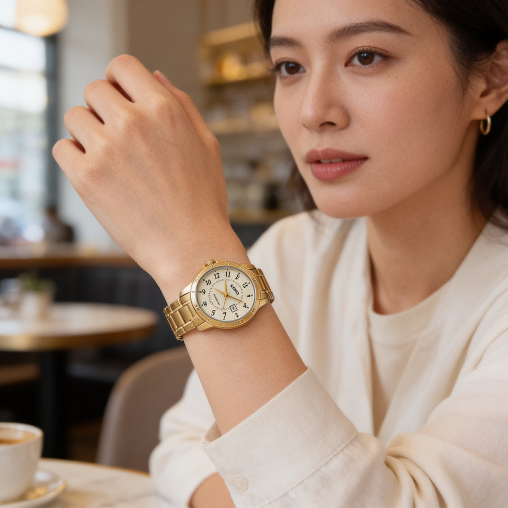 Reloj Casio LTP-V004G-9B Analógico Dorado Esfera Champaña – Dama