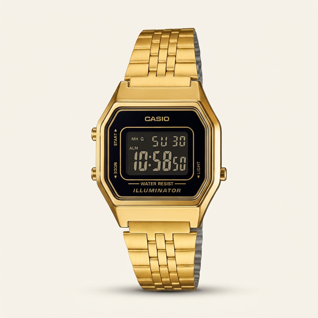 Reloj Casio Vintage LA680WGA-1B Digital Dorado con Pantalla Negra – Unisex
