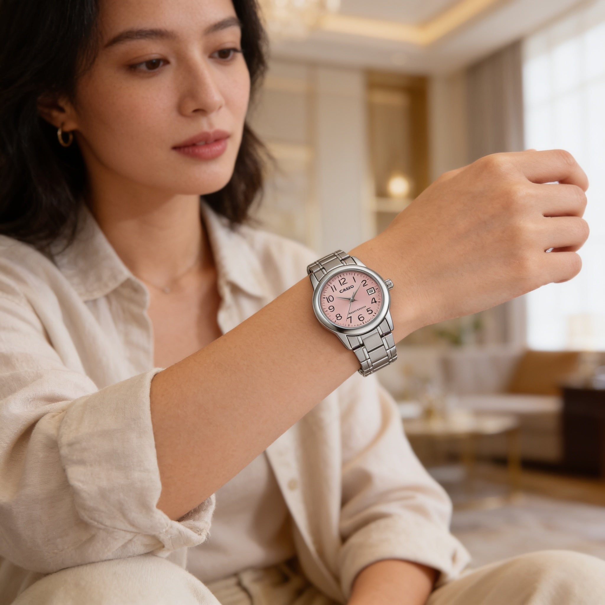 Reloj Casio LTP-V002D-4B Analógico Plateado Esfera Rosada – Dama