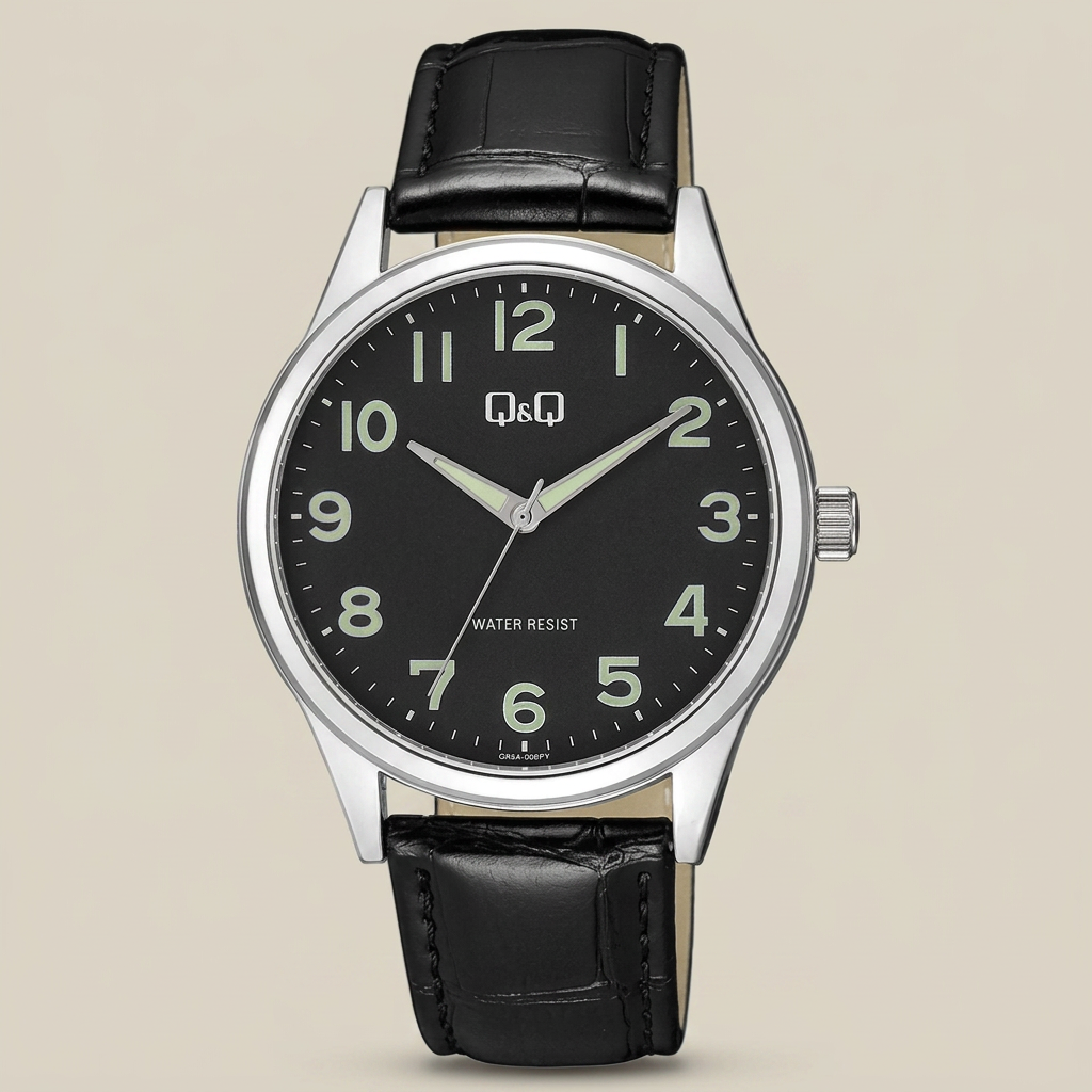 Reloj Q&Q Q93A-003PY Analógico Plateado Esfera Negra con Correa de Cuero – Dama