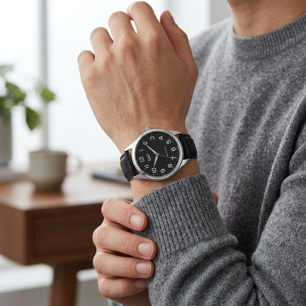 Reloj Q&Q Q93A-003PY Analógico Plateado Esfera Negra con Correa de Cuero – Dama