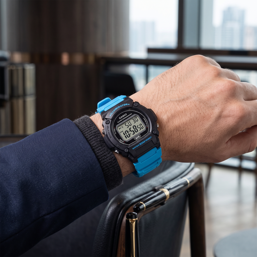 Reloj Casio W-219H-2A2V Digital Negro y Azul 50M Batería 7 Años – Caballero
