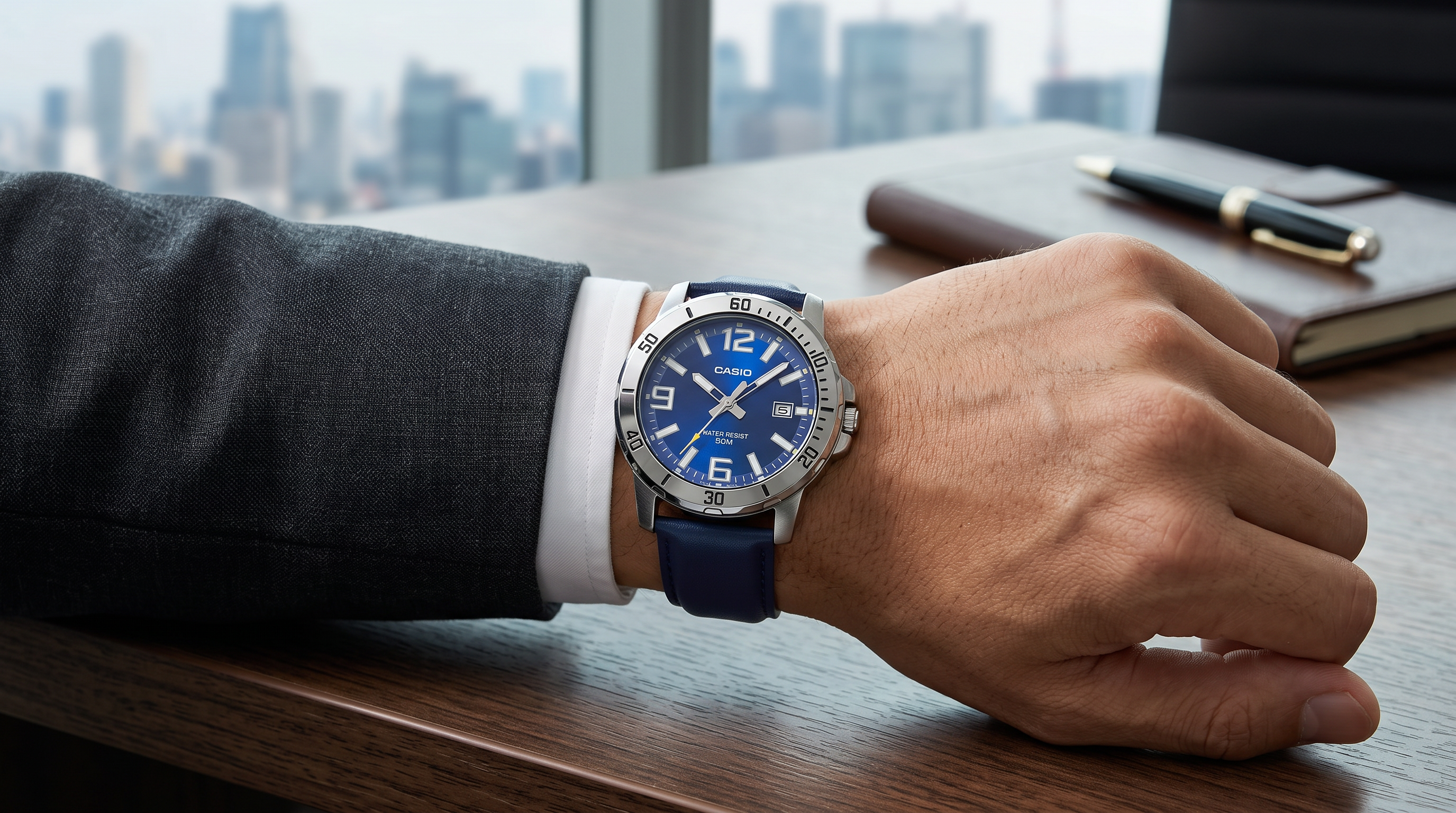 Reloj Casio MTP-VD01L-2BV Analógico Plateado Esfera Azul con Correa de Cuero – Caballero