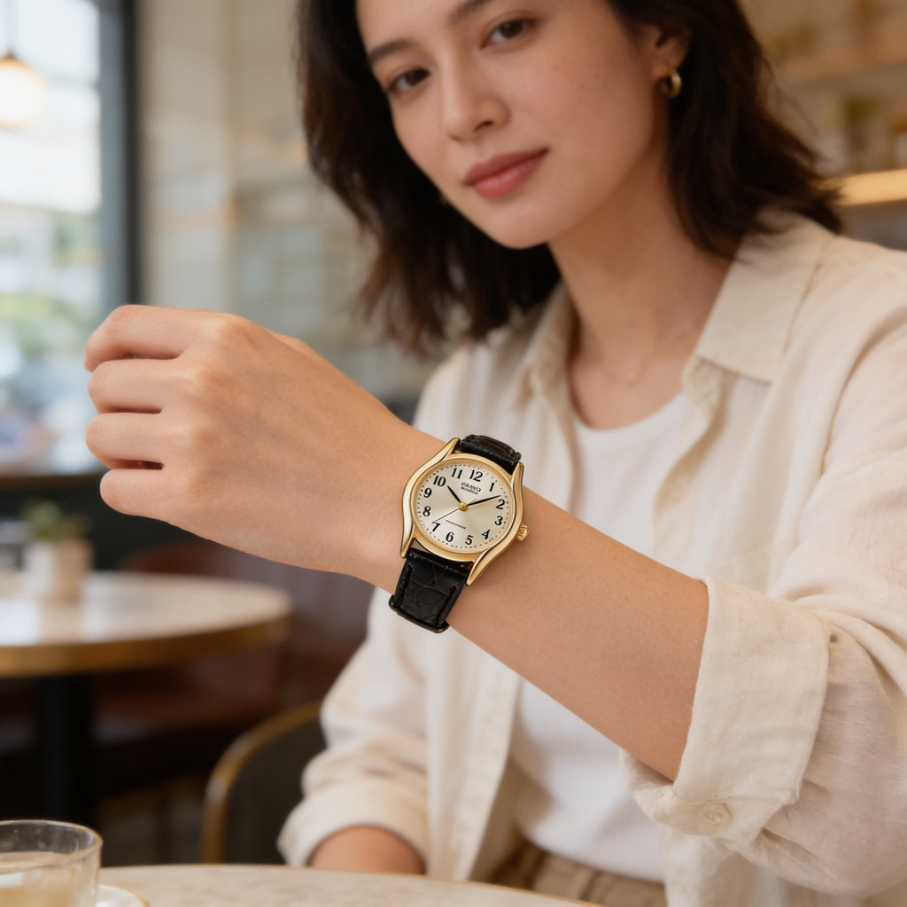 Reloj Casio LTP-1094Q-7B2R Analógico Dorado con Correa de Cuero Negro – Dama