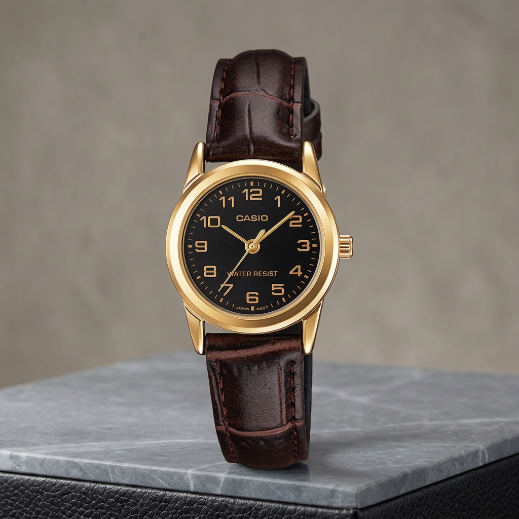 Reloj Casio LTP-V001GL-1B Analógico Dorado Esfera Negra con Correa de Cuero Marrón – Dama