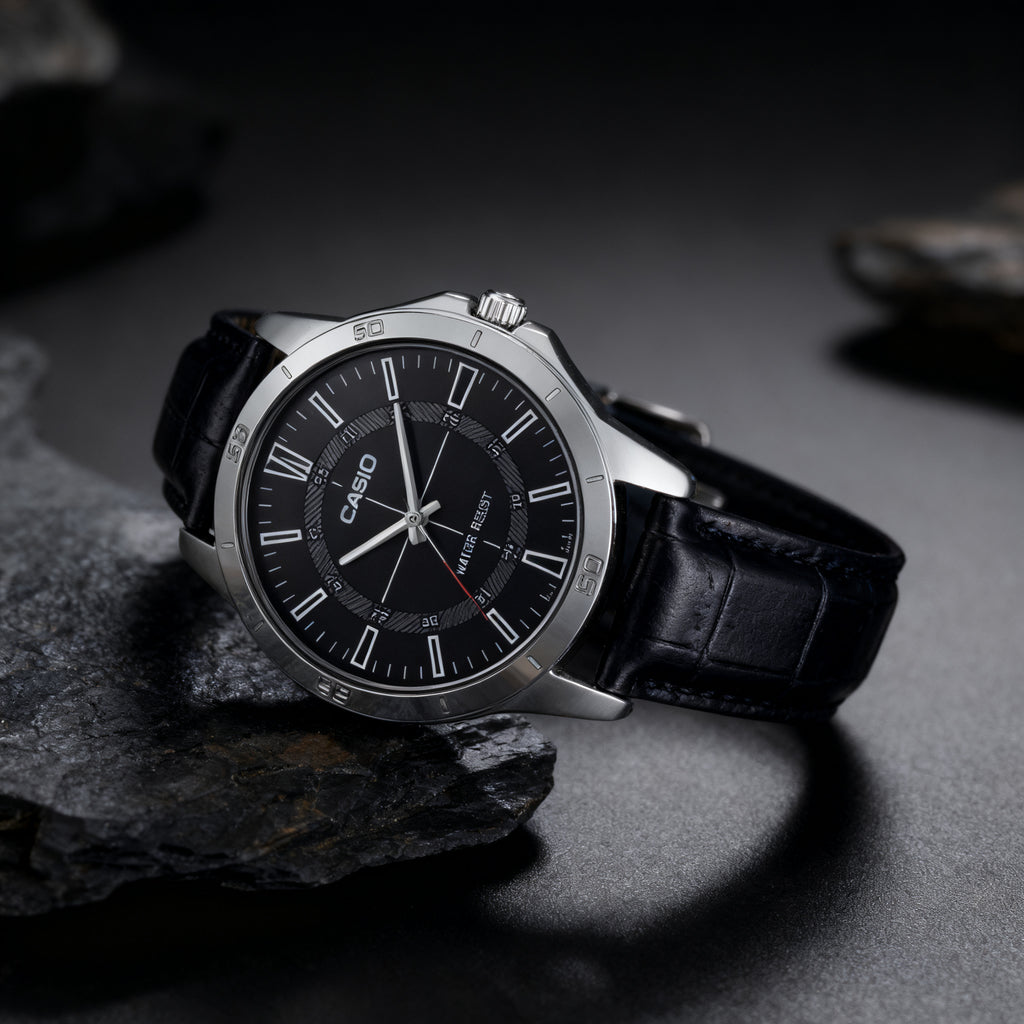 Reloj Casio MTP-V004L-1C Analógico Plateado Esfera Negra con Correa de Cuero – Caballero