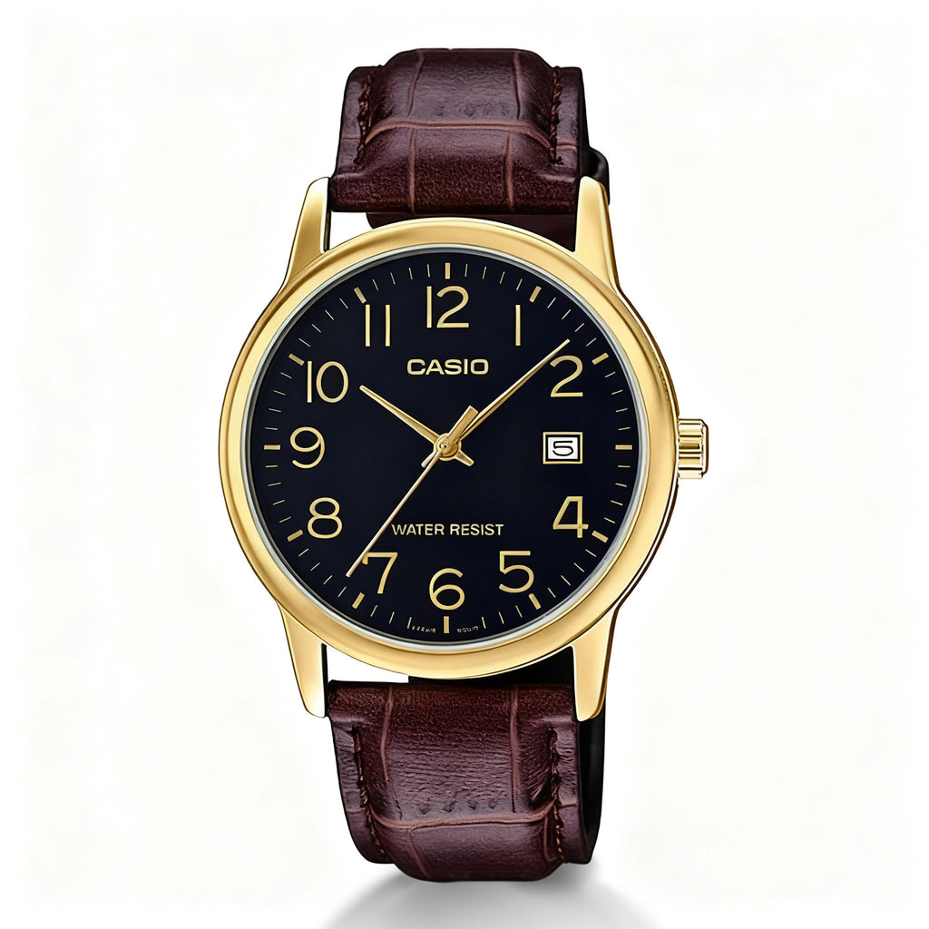 Reloj Casio MTP-V002GL-1B Analógico Dorado Esfera Negra con Correa de Cuero – Caballero