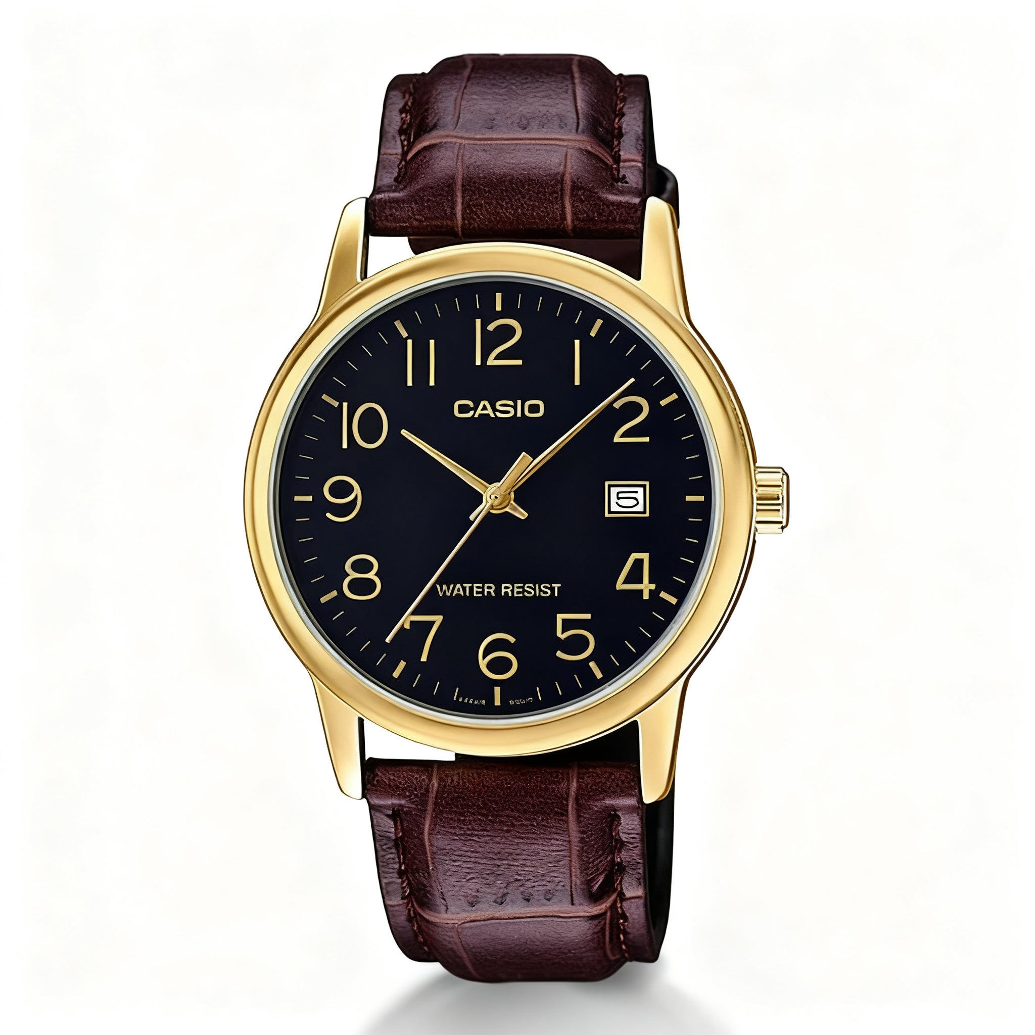 Reloj Casio MTP-V002GL-1B Analógico Dorado Esfera Negra con Correa de Cuero – Caballero
