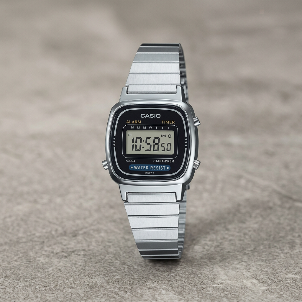 Reloj Casio Vintage LA670WA-1 Digital Plateado con Pantalla Negra – Dama