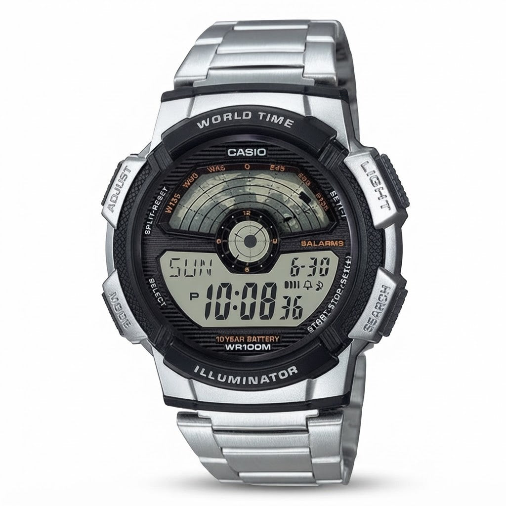 Reloj Casio AE-1100WD-1AV Digital Plateado Hora Mundial 100M – Caballero