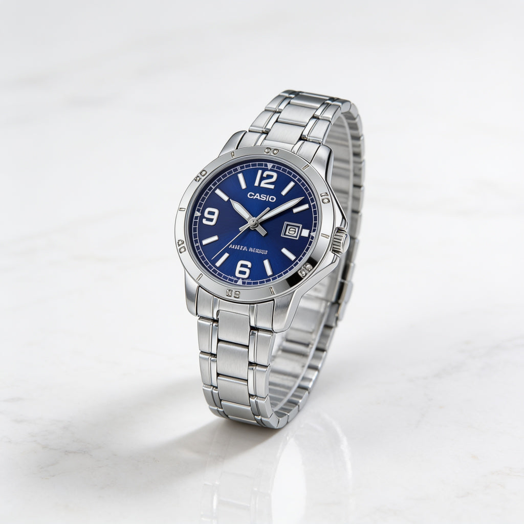 Reloj Casio LTP-V004D-2B Analógico Plateado Esfera Azul – Dama