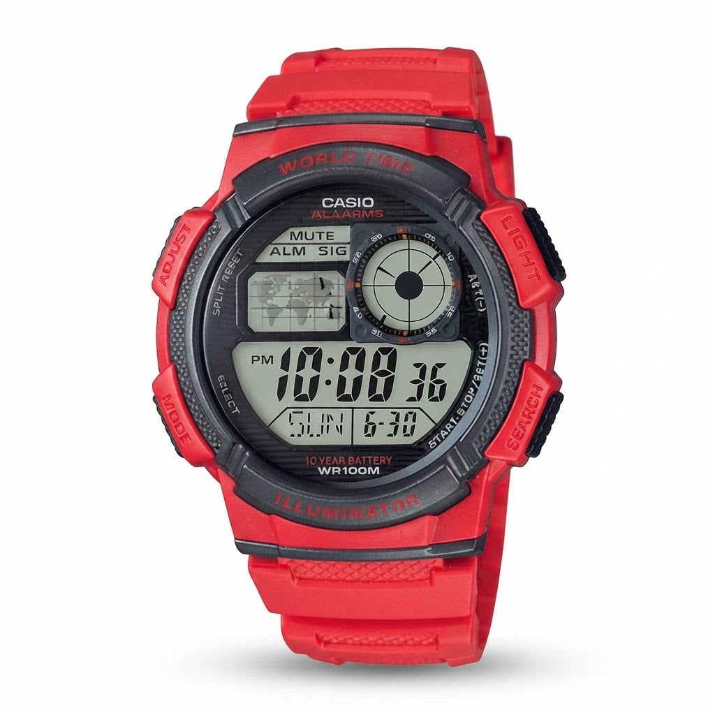 Reloj Casio AE-1000W-4AV Digital Rojo Hora Mundial 100M – Caballero
