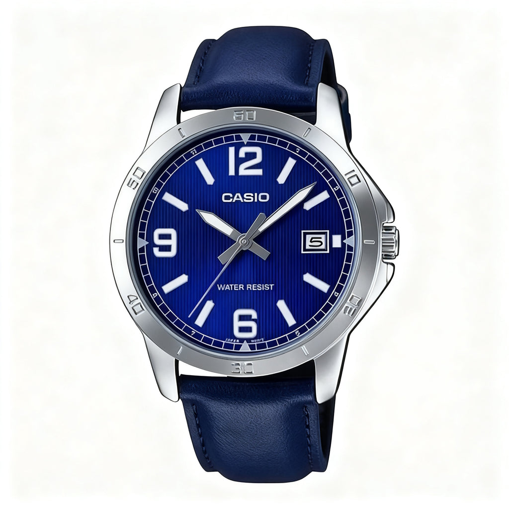 Reloj Casio MTP-V004L-2B Analógico Plateado Azul con Correa de Cuero – Caballero