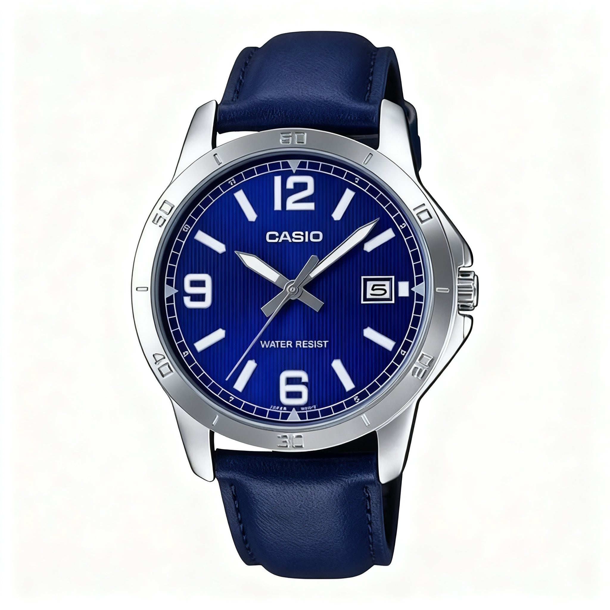 Reloj Casio MTP-V004L-2B Analógico Plateado Azul con Correa de Cuero – Caballero