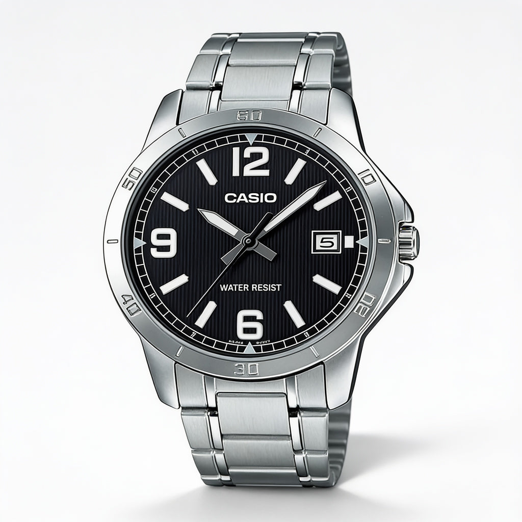 Reloj Casio MTP-V004D-1B2 Analógico Plateado Esfera Negra – Caballero
