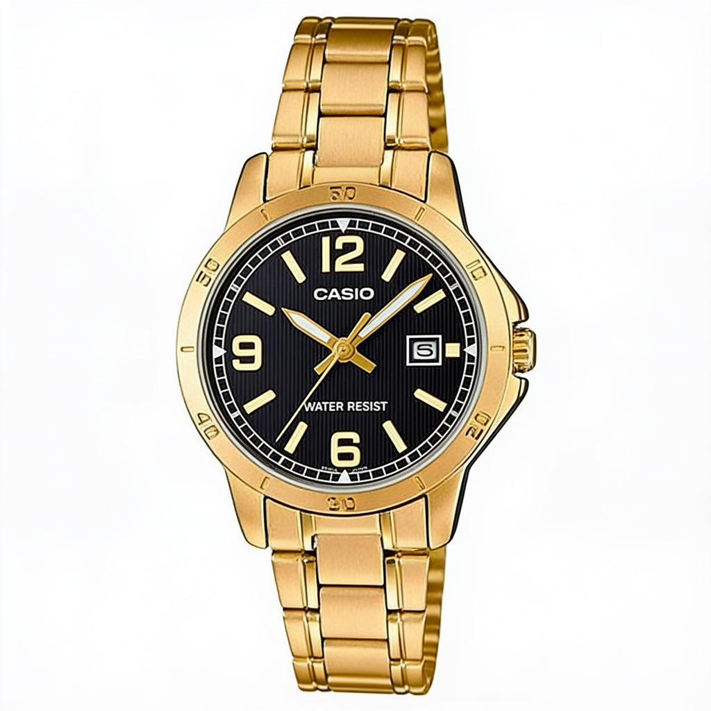 Reloj Casio LTP-V004G-1B Analógico Dorado Esfera Negra – Dama