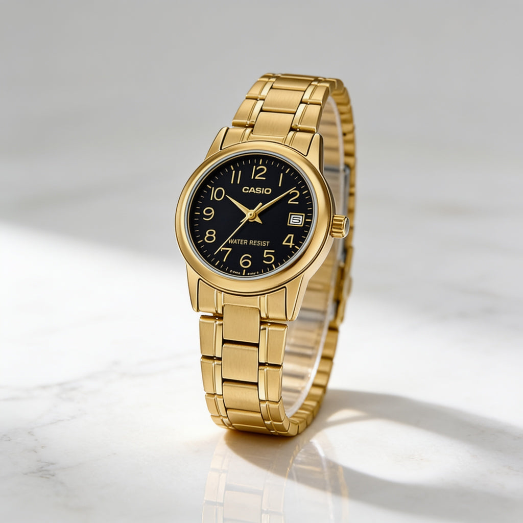 Reloj Casio LTP-V002G-1B Analógico Dorado Esfera Negra – Dama