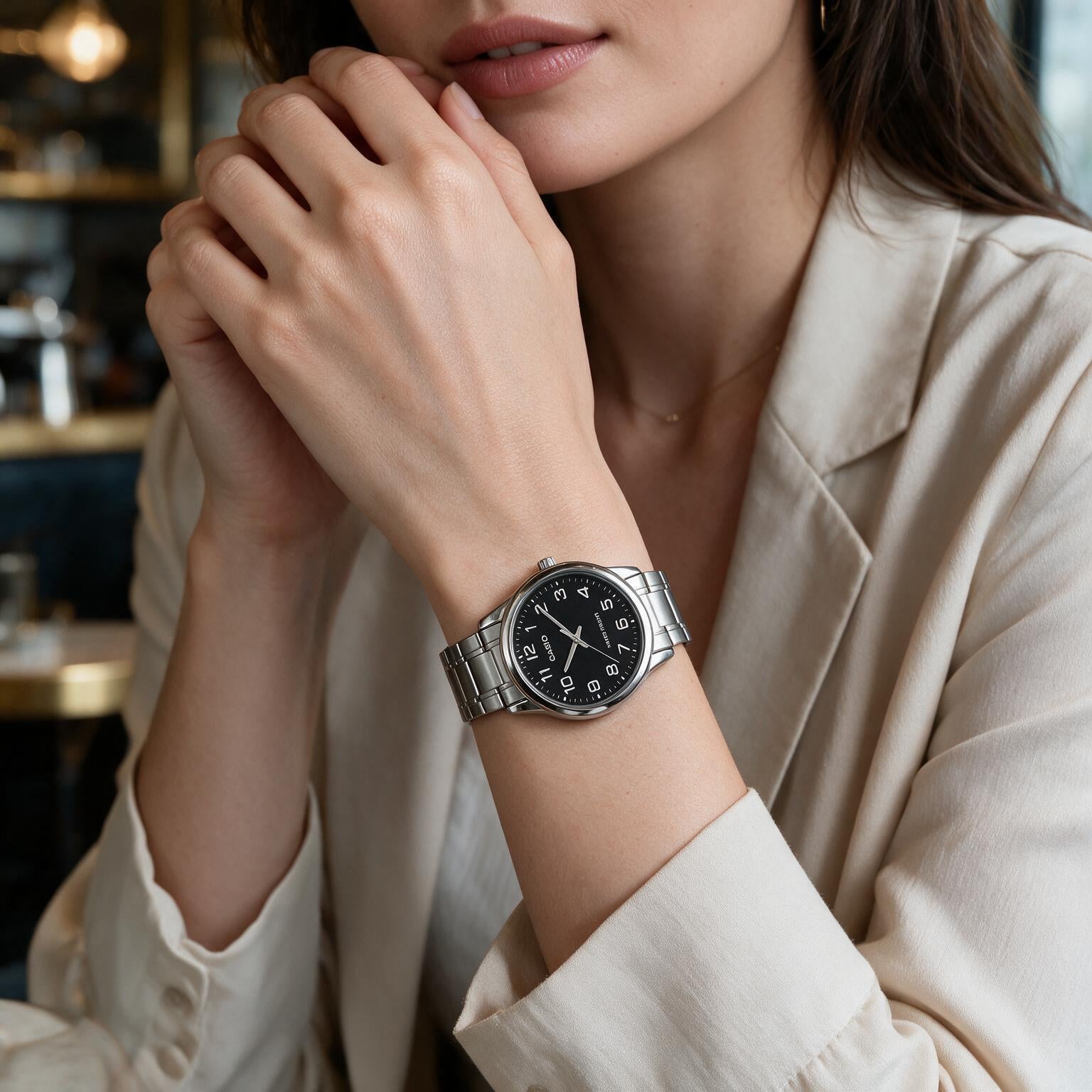 Reloj Casio LTP-V001D-1B Analógico Plateado Esfera Negra – Dama