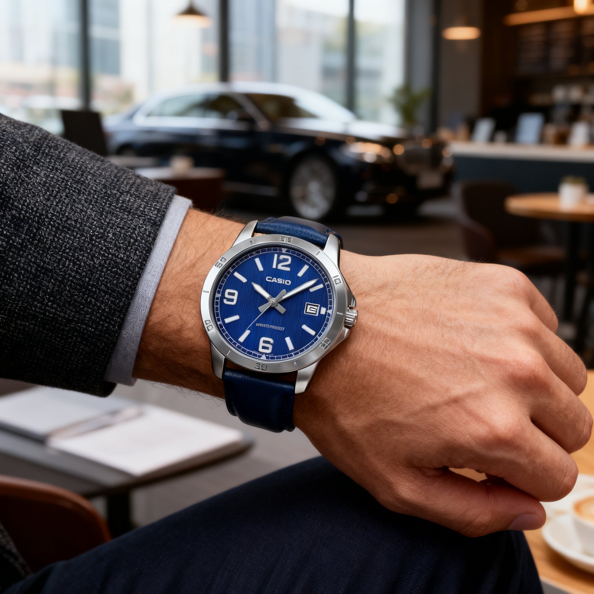 Reloj Casio MTP-V004L-2B Analógico Plateado Azul con Correa de Cuero – Caballero