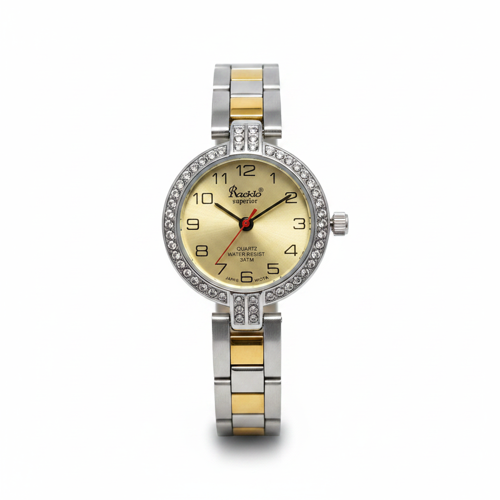 Reloj para Dama RQ'2457 2T – Bicolor con Cristales y Esfera Champagne