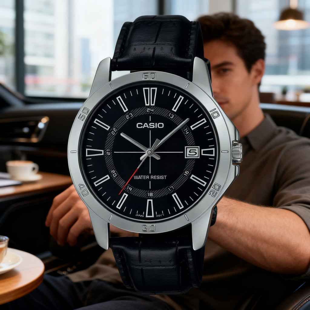 Reloj Casio MTP-V004L-1C Analógico Plateado Esfera Negra con Correa de Cuero – Caballero