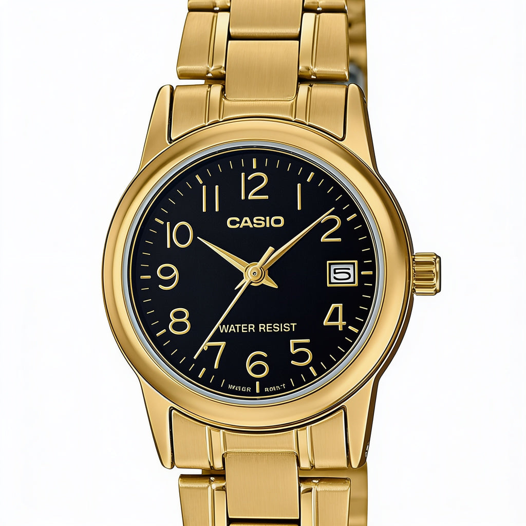Reloj Casio LTP-V002G-1B Analógico Dorado Esfera Negra – Dama