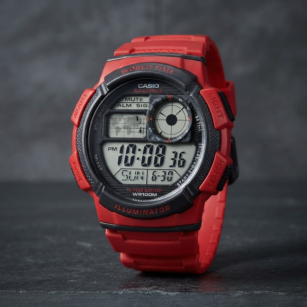 Reloj Casio AE-1000W-4AV Digital Rojo Hora Mundial 100M – Caballero