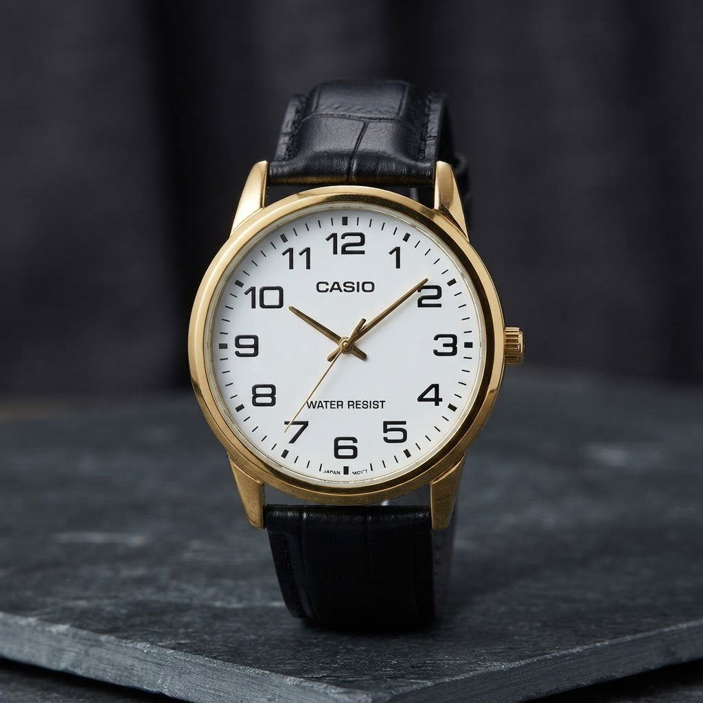 Reloj Casio MTP-V001GL-7B Analógico Dorado con Correa de Cuero Negra – Caballero